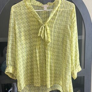 Banana Republic Yellow Geometric Tie-Neck Blouse